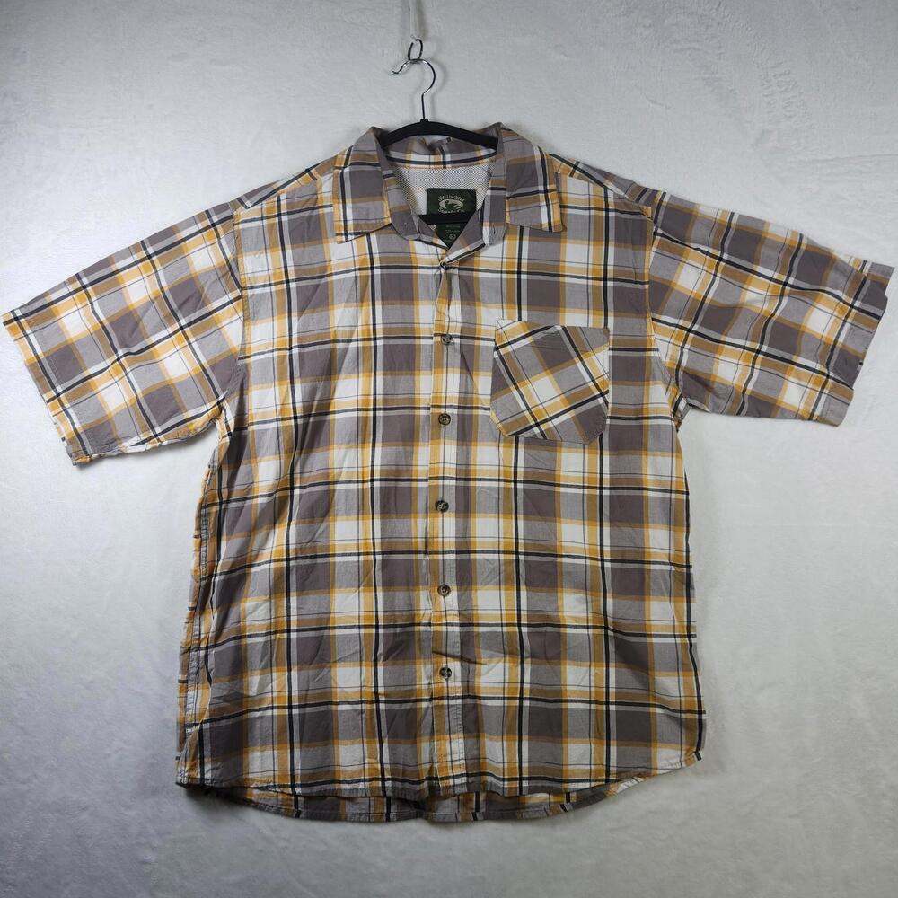 Vtg Stillwater Supply Co Plaid Short Sleeve Button Shirt XL Brown Yellow Fishing